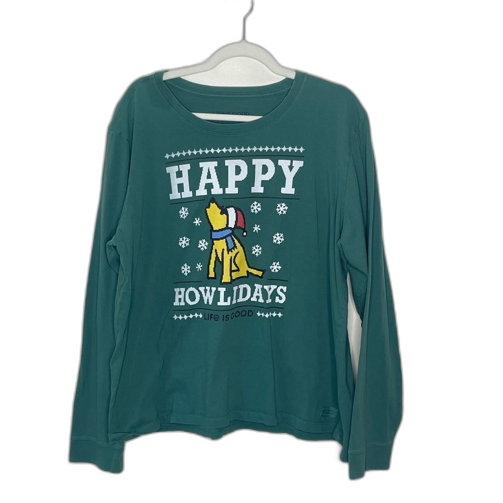 Life Is Good Womens Happy Howlidays Dog T-Shirt Green XXL